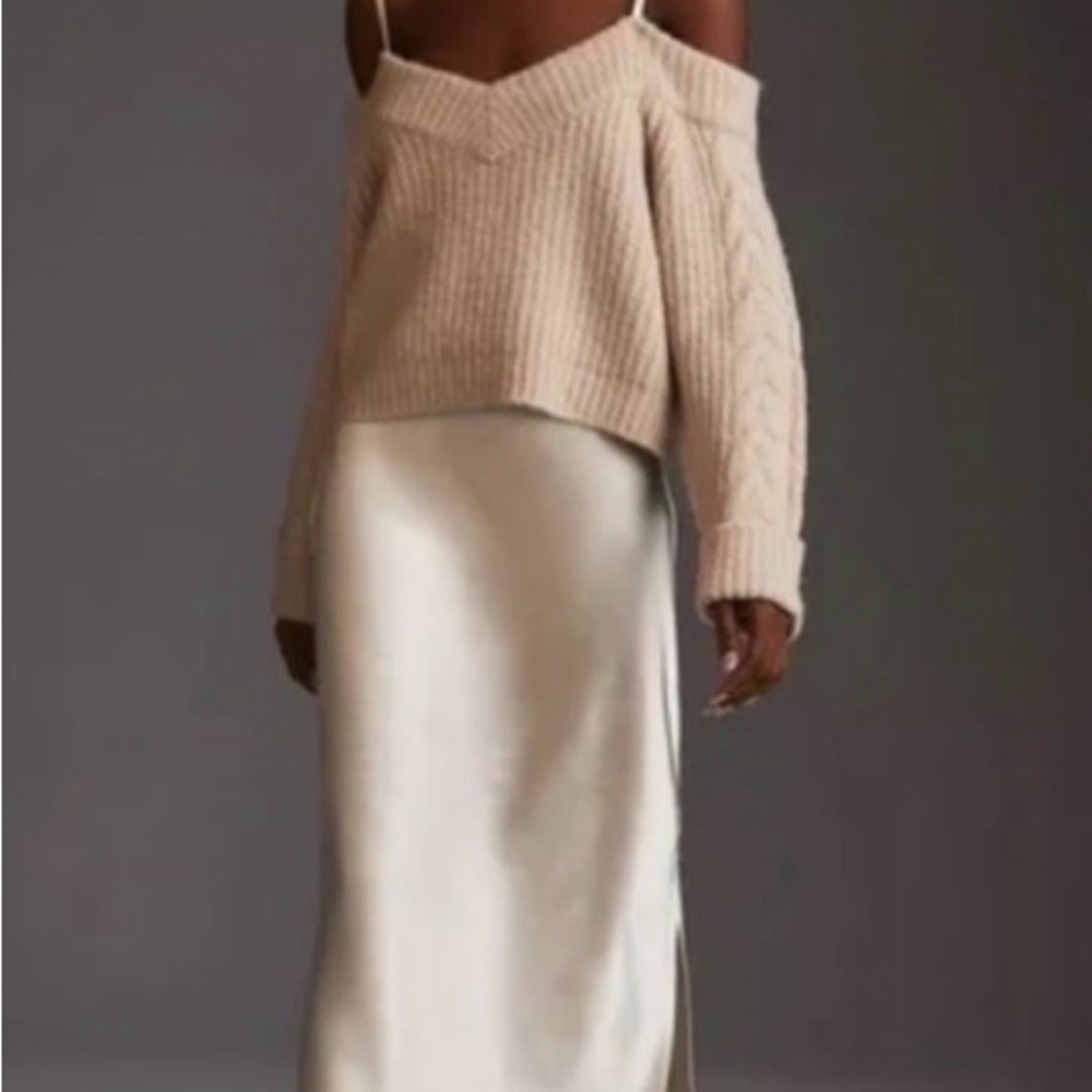 Mare Mare Anthropologie Cream Off-Shoulder Sweater and Satin Skirt Set